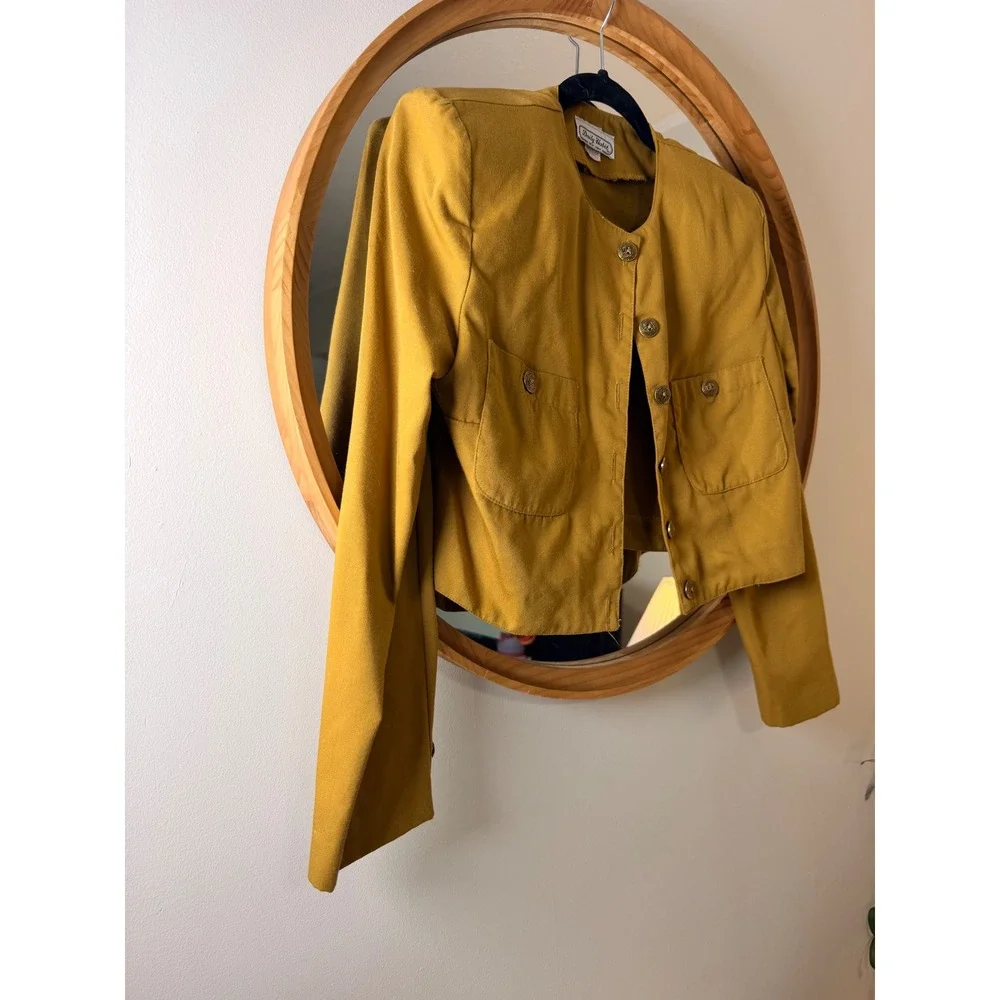 Designer Cropped Jacket Womens Size 3 Yellow Excellent Vintage 80s Crest Button‎